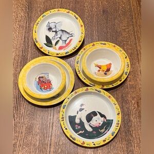 CostPlus World Market Yellow Golden Books Hen Puppy Melamine Dinnerware Set of 6